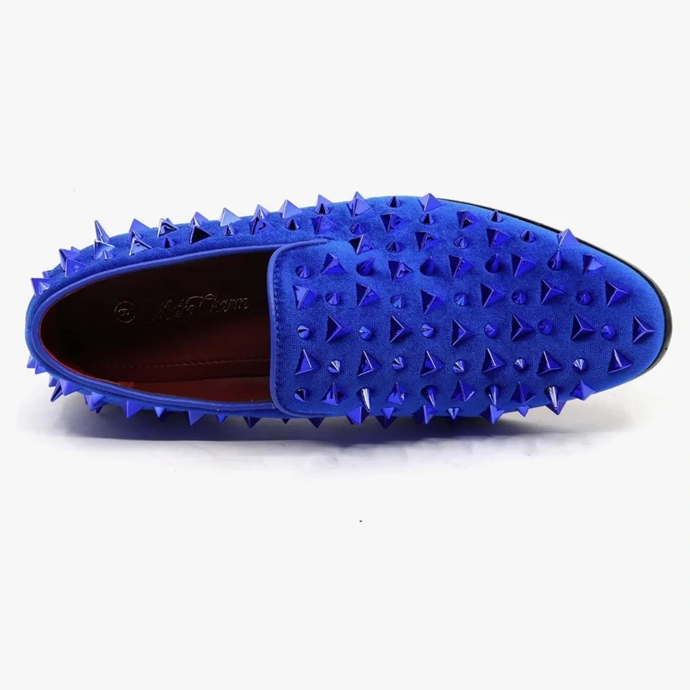 New MetroCharm Men’s Blue Velvet Spike Loafers Dress Tuxedo Shoes Size 10.5
